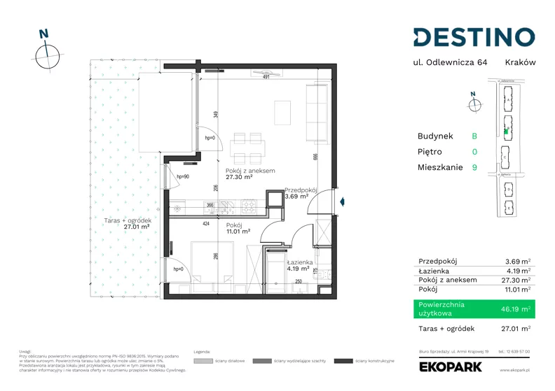 2 pokoje, mieszkanie 46,19 m², parter, oferta nr B-9, Destino, Kraków, Bronowice, Bronowice Małe, ul. Odlewnicza/Bakałarzy