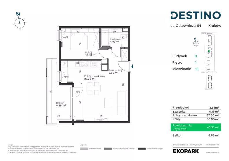 2 pokoje, mieszkanie 45,91 m², piętro 1, oferta nr B-10, Destino, Kraków, Bronowice, Bronowice Małe, ul. Odlewnicza/Bakałarzy