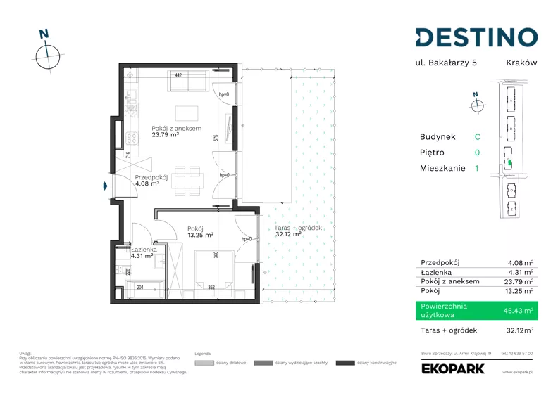 2 pokoje, mieszkanie 45,43 m², parter, oferta nr C-1, Destino, Kraków, Bronowice, Bronowice Małe, ul. Odlewnicza/Bakałarzy