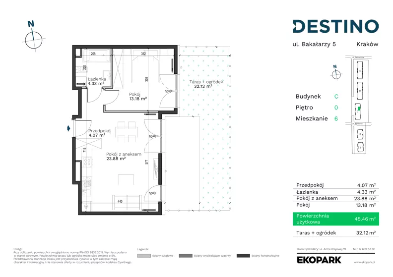 2 pokoje, mieszkanie 45,46 m², parter, oferta nr C-6, Destino, Kraków, Bronowice, Bronowice Małe, ul. Odlewnicza/Bakałarzy