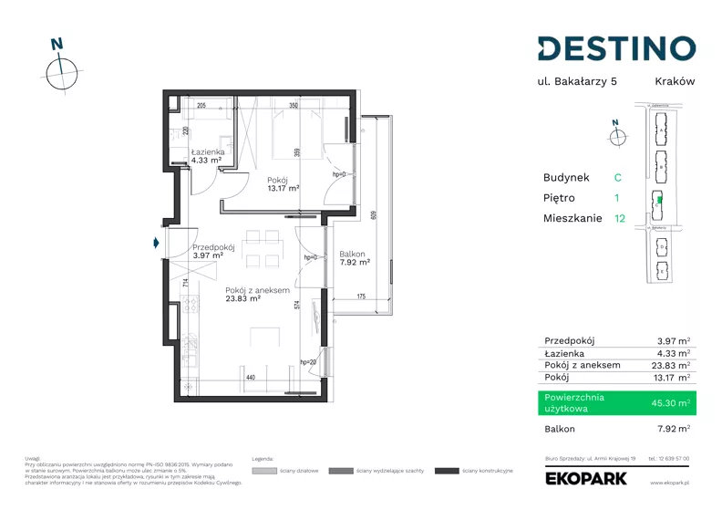 2 pokoje, mieszkanie 45,30 m², piętro 1, oferta nr C-12, Destino, Kraków, Bronowice, Bronowice Małe, ul. Odlewnicza/Bakałarzy