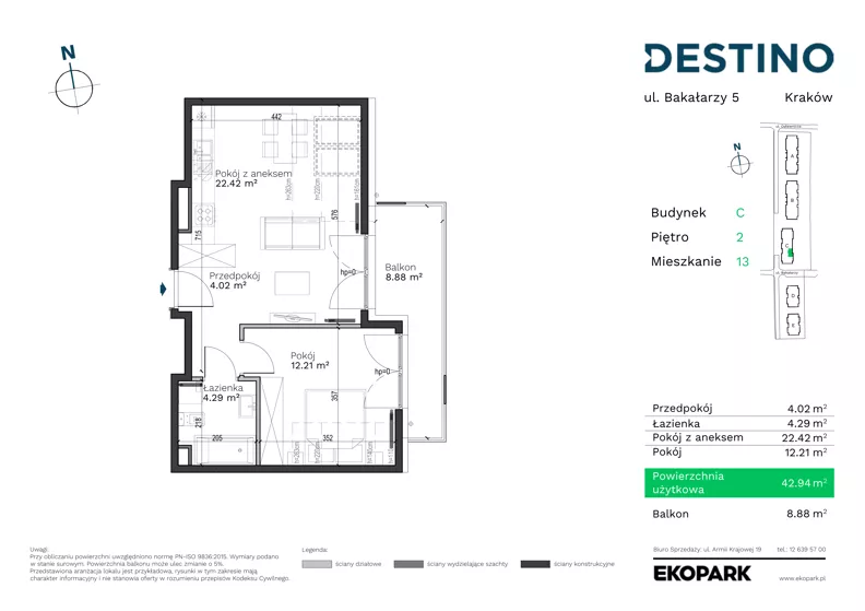 2 pokoje, mieszkanie 42,94 m², piętro 2, oferta nr C-13, Destino, Kraków, Bronowice, Bronowice Małe, ul. Odlewnicza/Bakałarzy