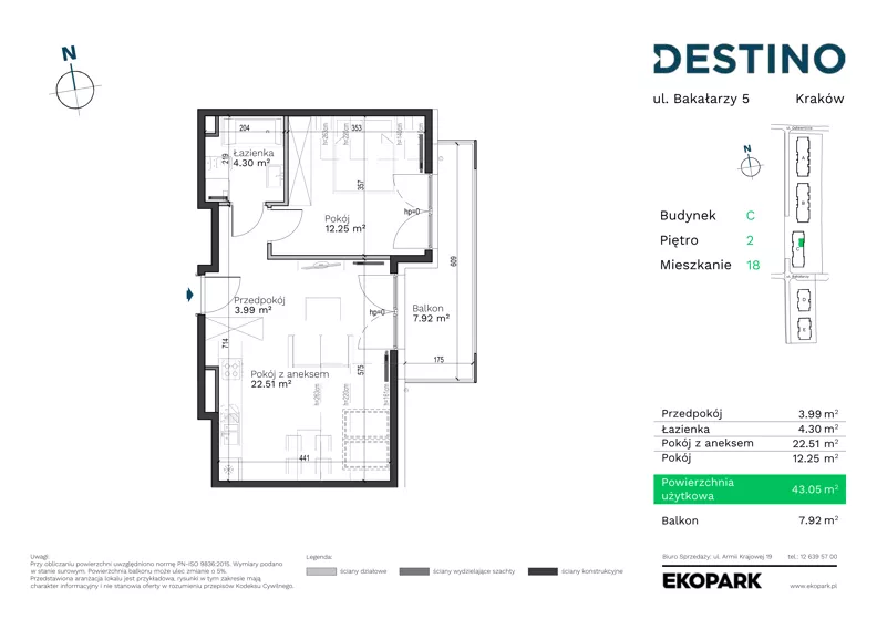 2 pokoje, mieszkanie 43,05 m², piętro 2, oferta nr C-18, Destino, Kraków, Bronowice, Bronowice Małe, ul. Odlewnicza/Bakałarzy