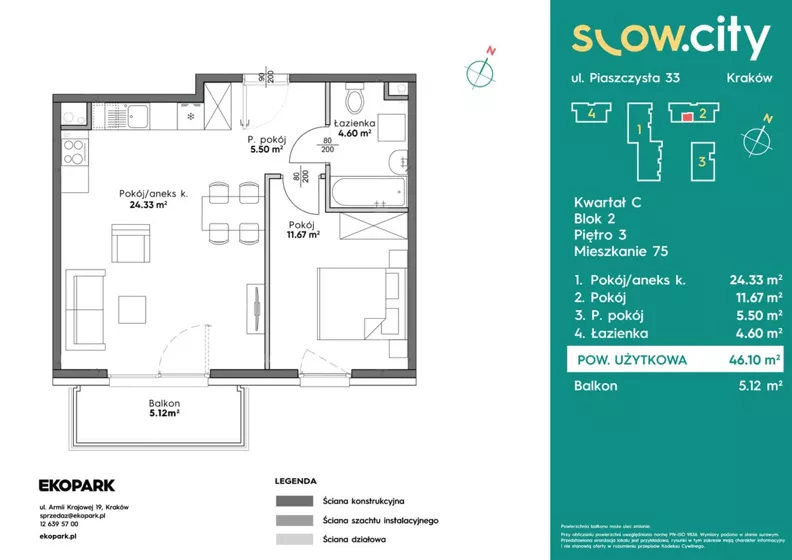 2 pokoje, mieszkanie 46,10 m², piętro 3, oferta nr C2-75, Slow City - Etap C, Kraków, Prądnik Biały, ul. Piaszczysta 33 - 35