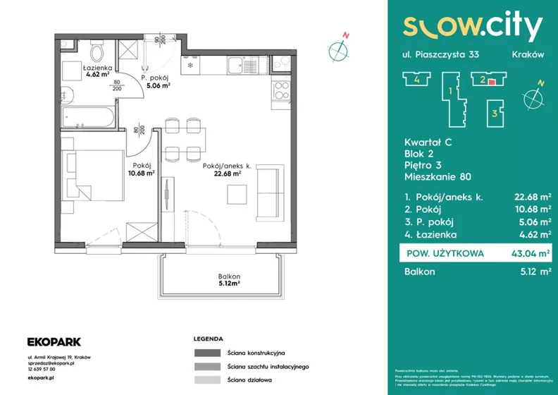 2 pokoje, mieszkanie 43,04 m², piętro 3, oferta nr C2-80, Slow City - Etap C, Kraków, Prądnik Biały, ul. Piaszczysta 33 - 35