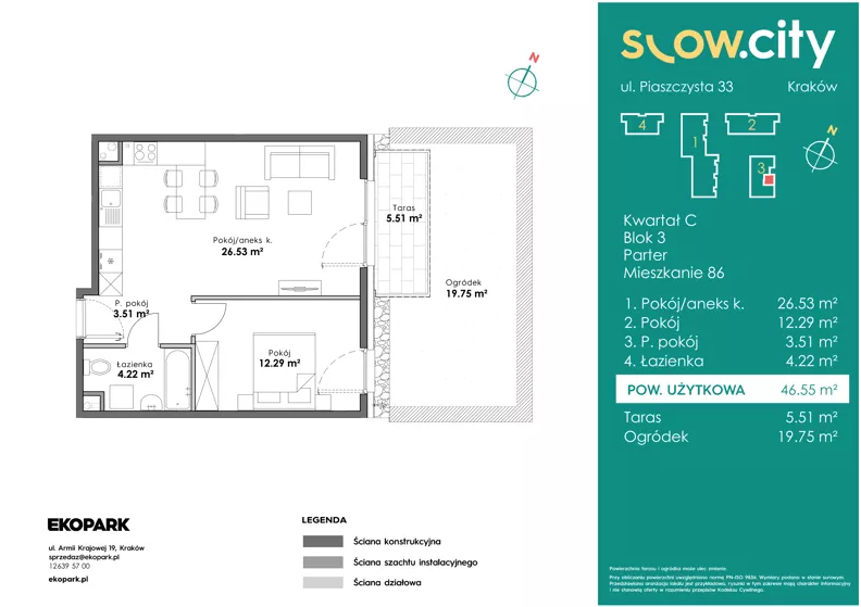 2 pokoje, mieszkanie 46,55 m², parter, oferta nr C3-86, Slow City - Etap C, Kraków, Prądnik Biały, ul. Piaszczysta 33 - 35