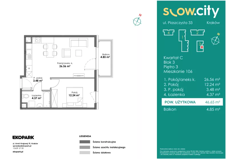 2 pokoje, mieszkanie 46,65 m², piętro 3, oferta nr C3-106, Slow City - Etap C, Kraków, Prądnik Biały, ul. Piaszczysta 33 - 35