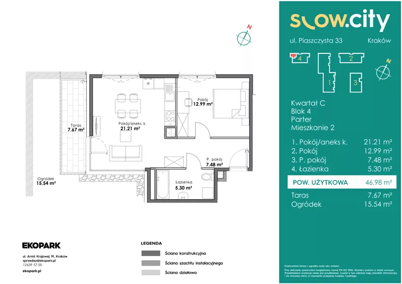 2 pokoje, mieszkanie 46,98 m², parter, oferta nr C4-2, Slow City - Etap C, Kraków, Prądnik Biały, ul. Piaszczysta 33 - 35