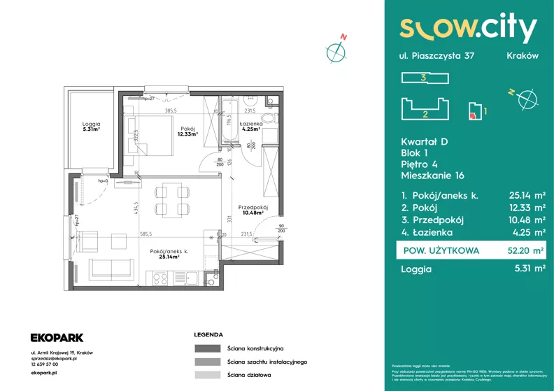 2 pokoje, mieszkanie 52,20 m², piętro 4, oferta nr D1-16, Slow City - Etap D, Kraków, Prądnik Biały, ul. Piaszczysta 39 - 41