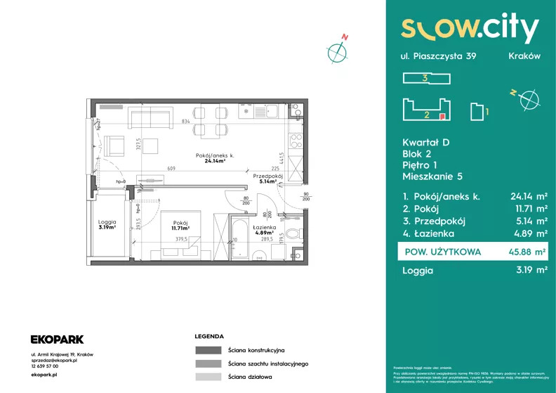 2 pokoje, mieszkanie 45,88 m², piętro 1, oferta nr D2-5, Slow City - Etap D, Kraków, Prądnik Biały, ul. Piaszczysta 39 - 41