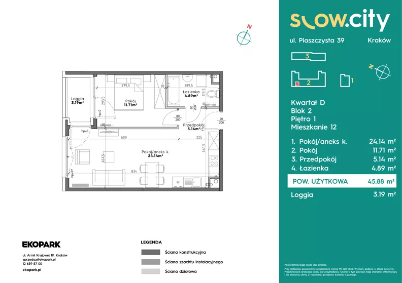 2 pokoje, mieszkanie 45,88 m², piętro 1, oferta nr D2-12, Slow City - Etap D, Kraków, Prądnik Biały, ul. Piaszczysta 39 - 41