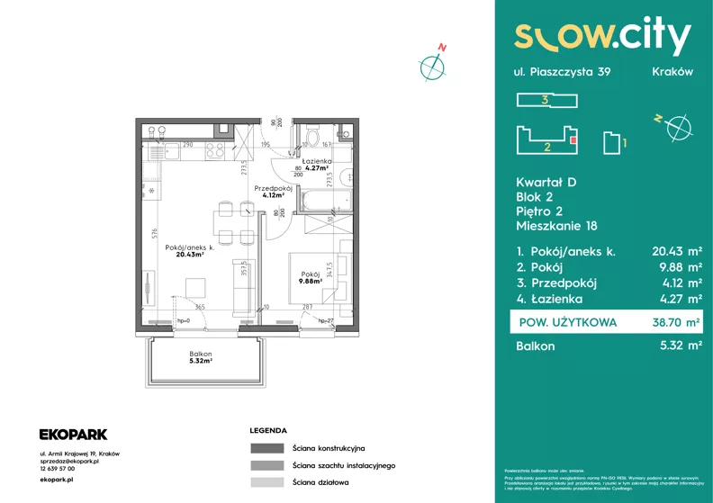 2 pokoje, mieszkanie 38,70 m², piętro 2, oferta nr D2-18, Slow City - Etap D, Kraków, Prądnik Biały, ul. Piaszczysta 39 - 41