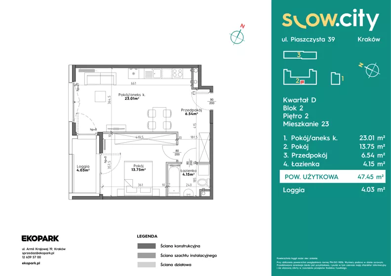 2 pokoje, mieszkanie 47,45 m², piętro 2, oferta nr D2-23, Slow City - Etap D, Kraków, Prądnik Biały, ul. Piaszczysta 39 - 41