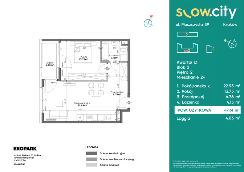 2 pokoje, mieszkanie 47,61 m², piętro 2, oferta nr D2-24, Slow City - Etap D, Kraków, Prądnik Biały, ul. Piaszczysta 39 - 41