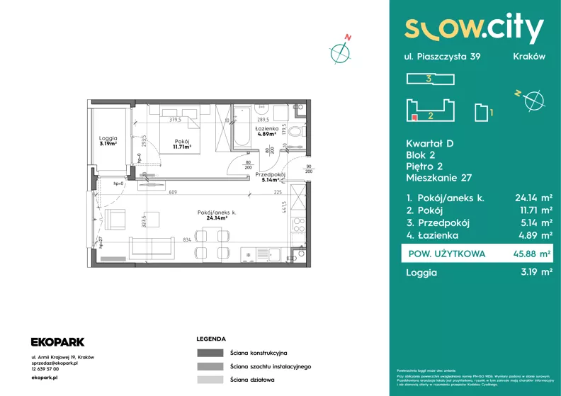 2 pokoje, mieszkanie 45,88 m², piętro 2, oferta nr D2-27, Slow City - Etap D, Kraków, Prądnik Biały, ul. Piaszczysta 39 - 41
