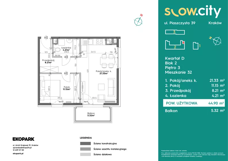 2 pokoje, mieszkanie 44,90 m², piętro 3, oferta nr D2-32, Slow City - Etap D, Kraków, Prądnik Biały, ul. Piaszczysta 39 - 41