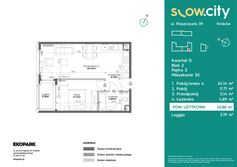 2 pokoje, mieszkanie 45,88 m², piętro 3, oferta nr D2-35, Slow City - Etap D, Kraków, Prądnik Biały, ul. Piaszczysta 39 - 41