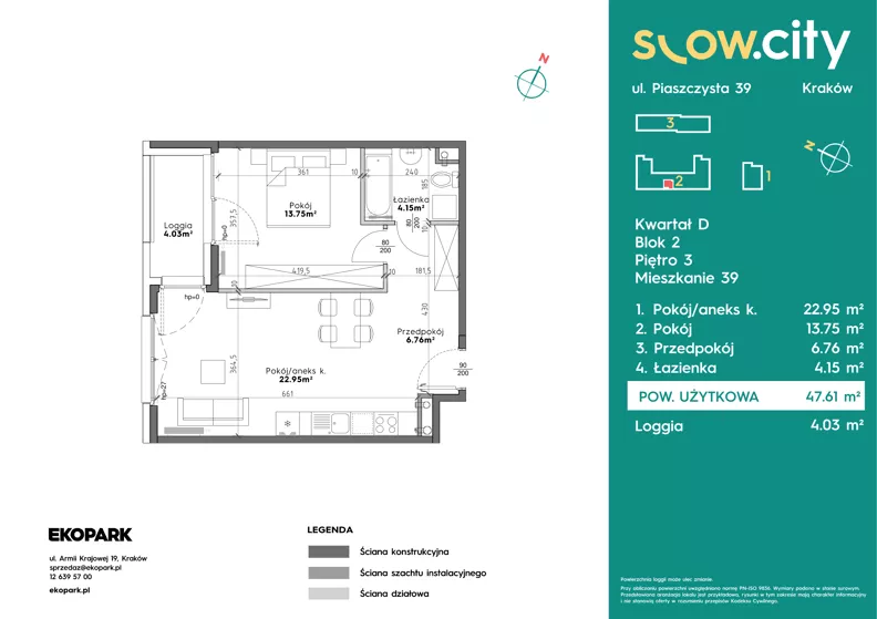 2 pokoje, mieszkanie 47,61 m², piętro 3, oferta nr D2-39, Slow City - Etap D, Kraków, Prądnik Biały, ul. Piaszczysta 39 - 41