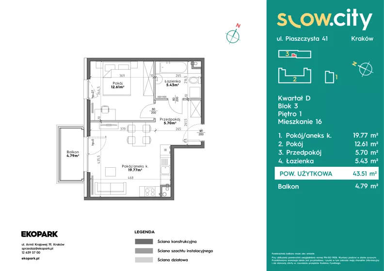 2 pokoje, mieszkanie 43,51 m², piętro 1, oferta nr D3-16, Slow City - Etap D, Kraków, Prądnik Biały, ul. Piaszczysta 39 - 41