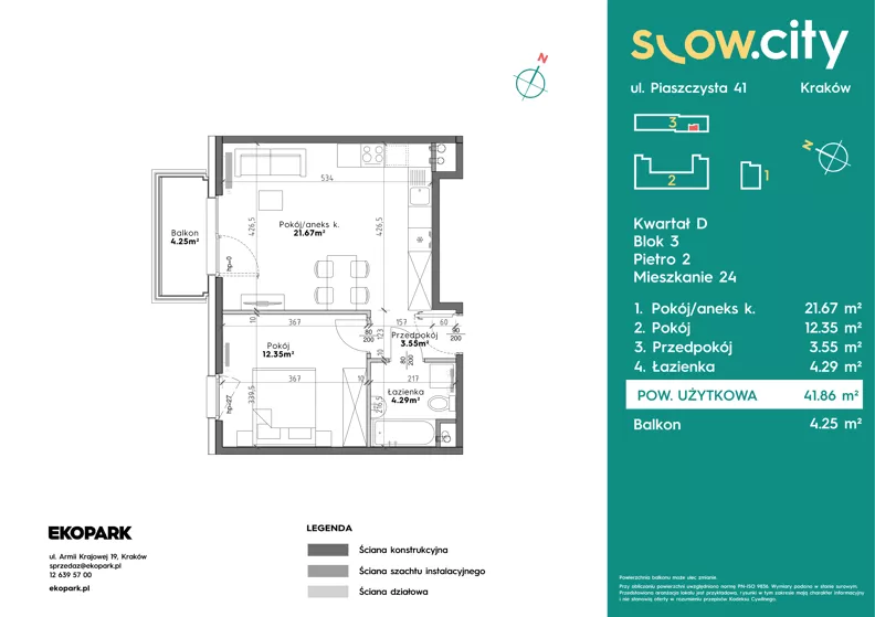 2 pokoje, mieszkanie 41,86 m², piętro 2, oferta nr D3-24, Slow City - Etap D, Kraków, Prądnik Biały, ul. Piaszczysta 39 - 41