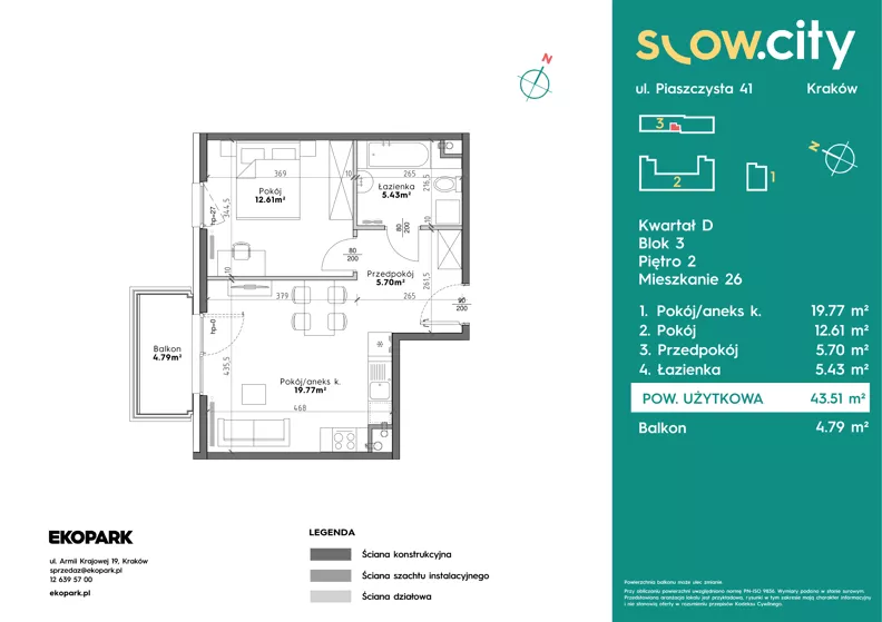 2 pokoje, mieszkanie 43,51 m², piętro 2, oferta nr D3-26, Slow City - Etap D, Kraków, Prądnik Biały, ul. Piaszczysta 39 - 41
