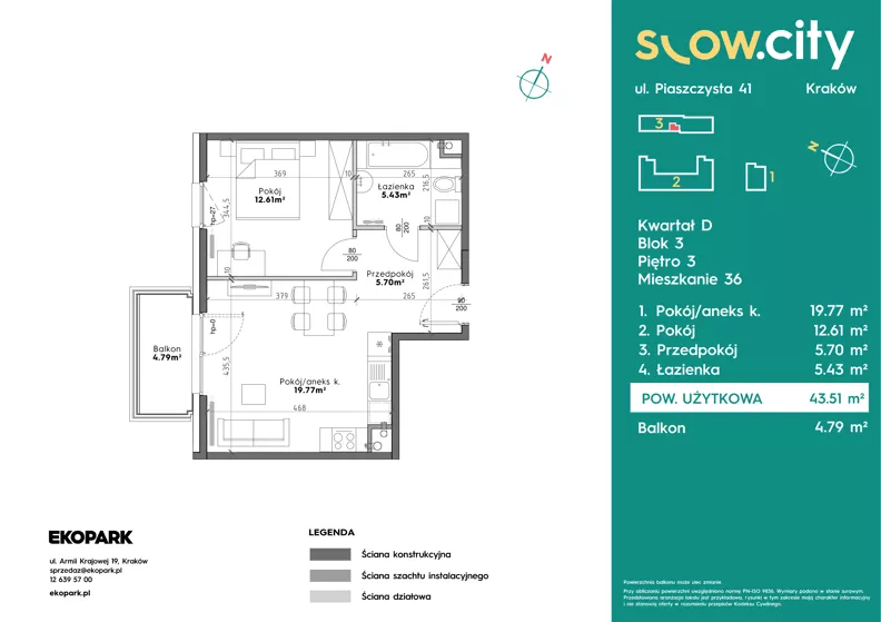 2 pokoje, mieszkanie 43,51 m², piętro 3, oferta nr D3-36, Slow City - Etap D, Kraków, Prądnik Biały, ul. Piaszczysta 39 - 41