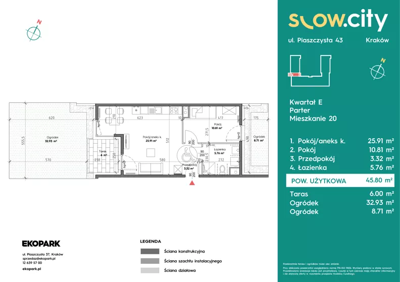 2 pokoje, mieszkanie 45,80 m², parter, oferta nr E-20, Slow City - Etap E, Kraków, Prądnik Biały, ul. Piaszczysta 43