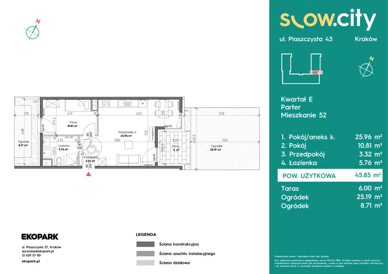 2 pokoje, mieszkanie 45,85 m², parter, oferta nr E-52, Slow City - Etap E, Kraków, Prądnik Biały, ul. Piaszczysta 43