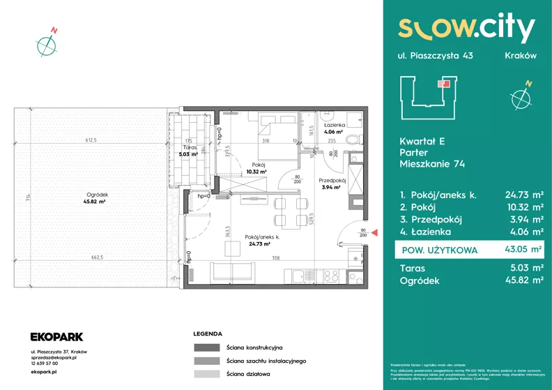 2 pokoje, mieszkanie 43,05 m², parter, oferta nr E-74, Slow City - Etap E, Kraków, Prądnik Biały, ul. Piaszczysta 43
