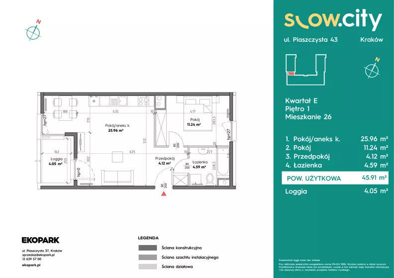 2 pokoje, mieszkanie 45,91 m², piętro 1, oferta nr E-26, Slow City - Etap E, Kraków, Prądnik Biały, ul. Piaszczysta 43