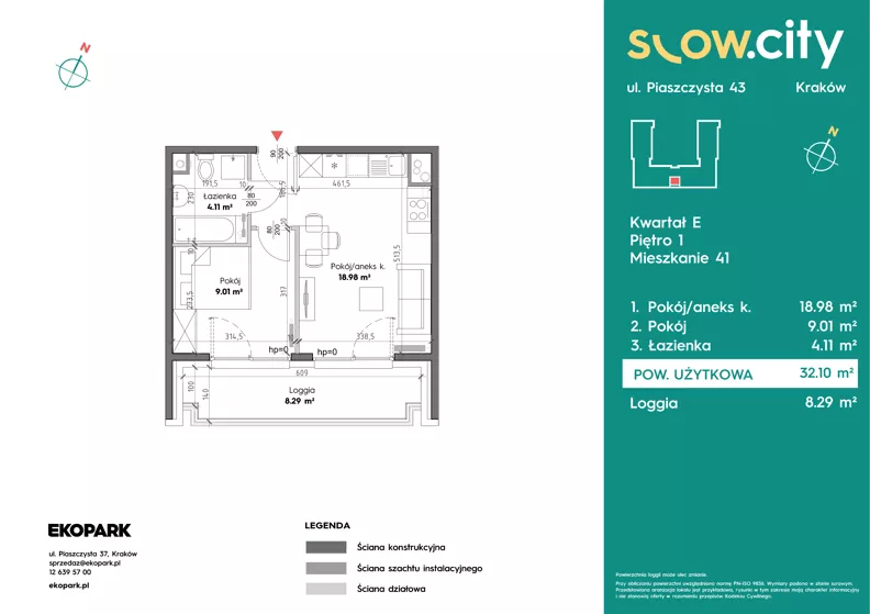 2 pokoje, mieszkanie 32,10 m², piętro 1, oferta nr E-41, Slow City - Etap E, Kraków, Prądnik Biały, ul. Piaszczysta 43