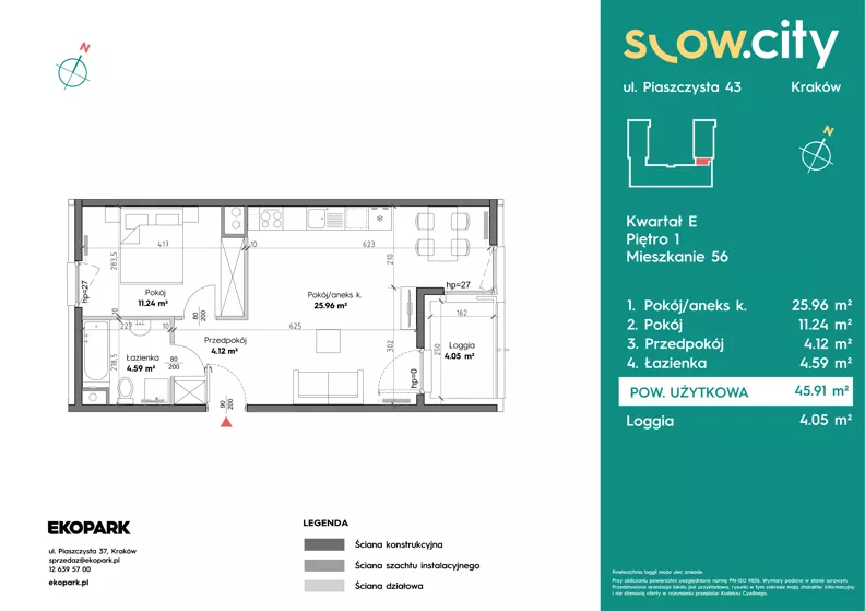2 pokoje, mieszkanie 45,91 m², piętro 1, oferta nr E-56, Slow City - Etap E, Kraków, Prądnik Biały, ul. Piaszczysta 43