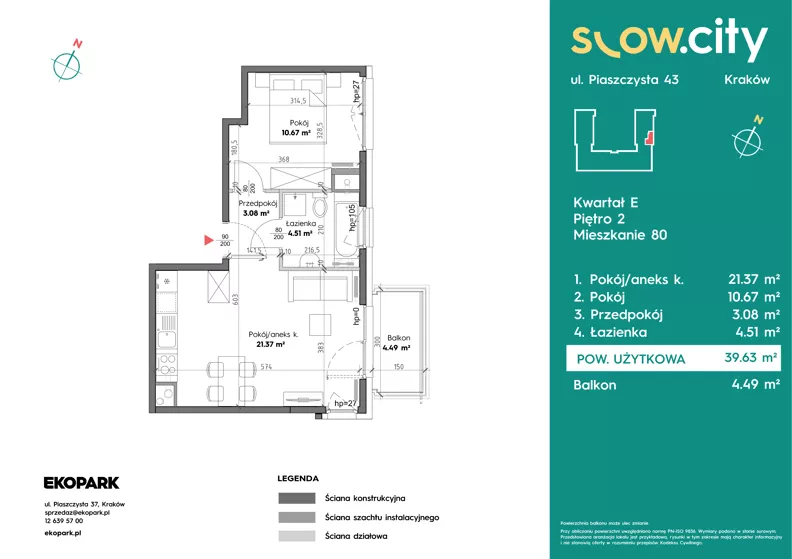 2 pokoje, mieszkanie 39,63 m², piętro 2, oferta nr E-80, Slow City - Etap E, Kraków, Prądnik Biały, ul. Piaszczysta 43