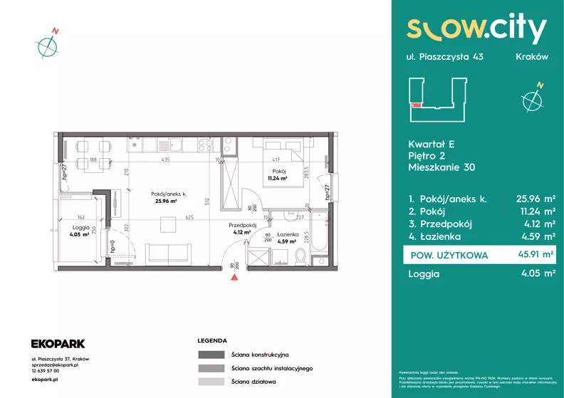 2 pokoje, mieszkanie 45,91 m², piętro 2, oferta nr E-30, Slow City - Etap E, Kraków, Prądnik Biały, ul. Piaszczysta 43