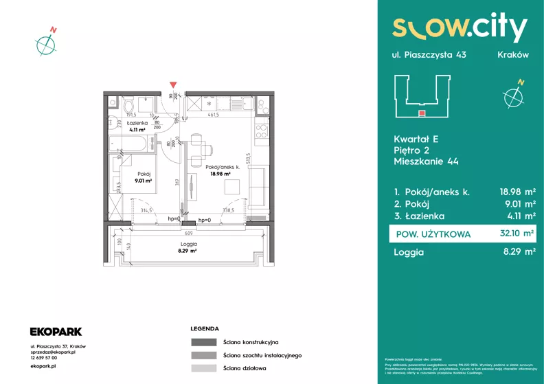 2 pokoje, mieszkanie 32,10 m², piętro 2, oferta nr E-44, Slow City - Etap E, Kraków, Prądnik Biały, ul. Piaszczysta 43