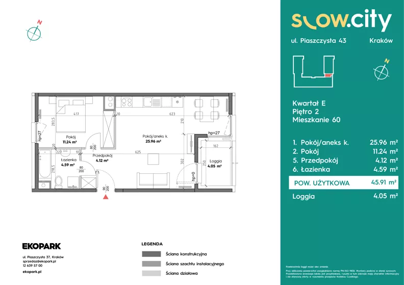 2 pokoje, mieszkanie 45,91 m², piętro 2, oferta nr E-60, Slow City - Etap E, Kraków, Prądnik Biały, ul. Piaszczysta 43
