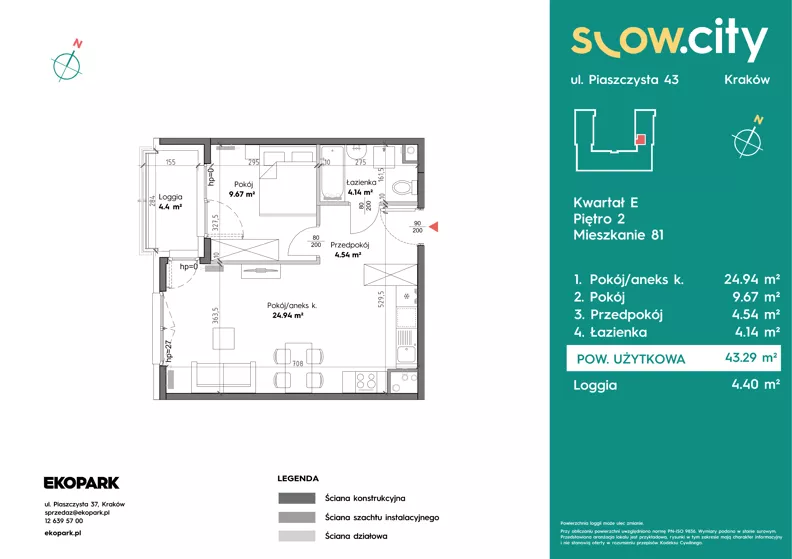 2 pokoje, mieszkanie 43,29 m², piętro 2, oferta nr E-81, Slow City - Etap E, Kraków, Prądnik Biały, ul. Piaszczysta 43