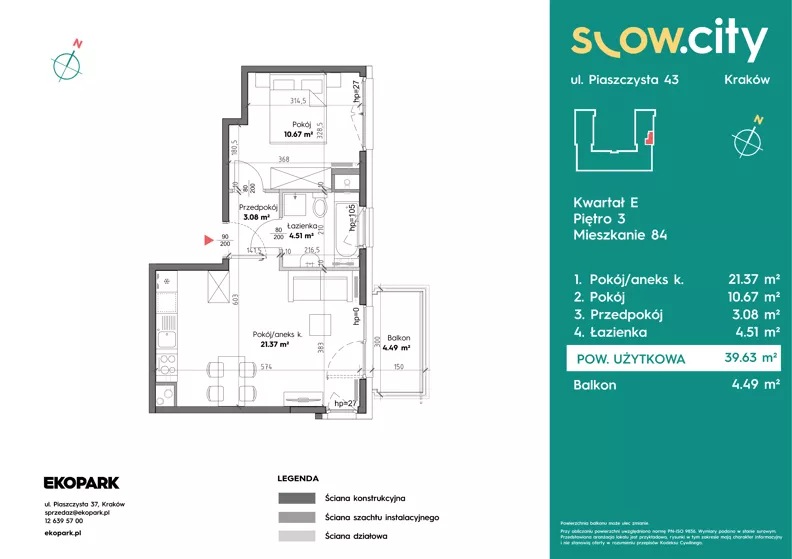 2 pokoje, mieszkanie 39,63 m², piętro 3, oferta nr E-84, Slow City - Etap E, Kraków, Prądnik Biały, ul. Piaszczysta 43