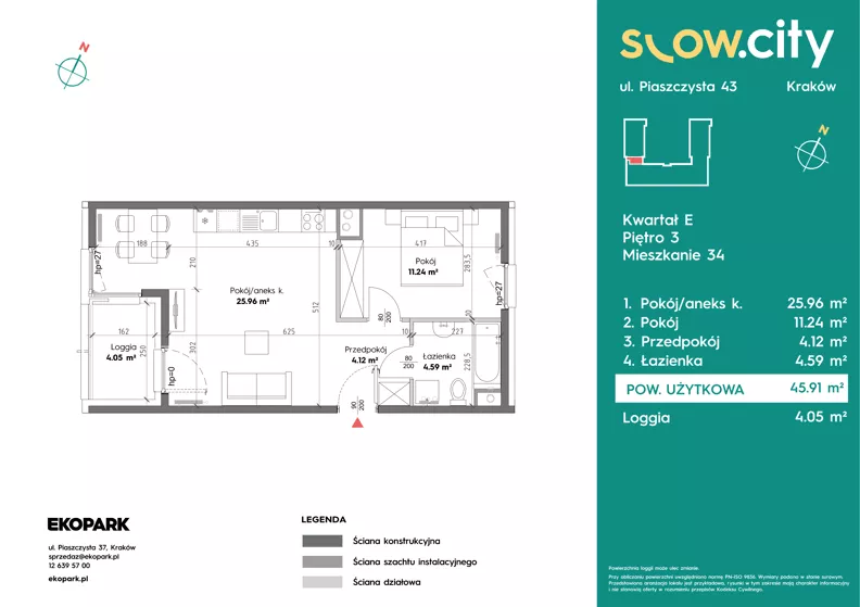 2 pokoje, mieszkanie 45,91 m², piętro 3, oferta nr E-34, Slow City - Etap E, Kraków, Prądnik Biały, ul. Piaszczysta 43