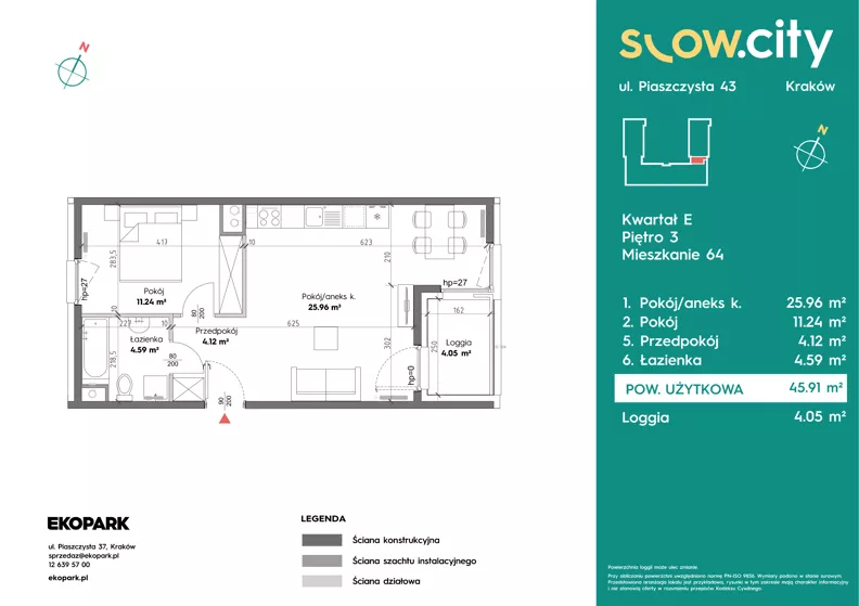 2 pokoje, mieszkanie 45,91 m², piętro 3, oferta nr E-64, Slow City - Etap E, Kraków, Prądnik Biały, ul. Piaszczysta 43