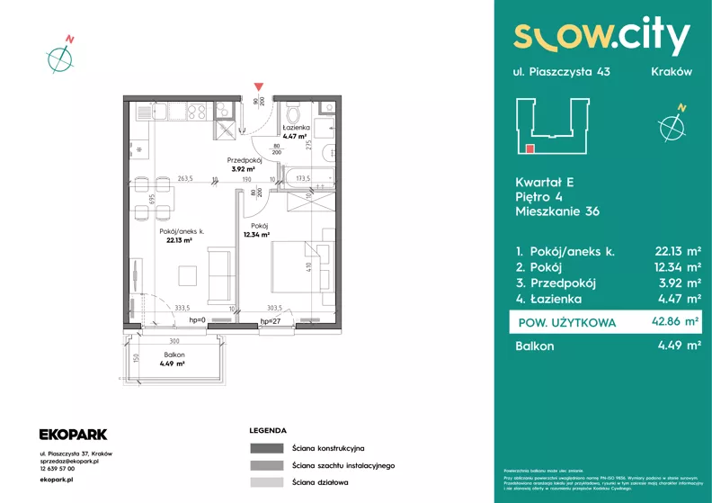 2 pokoje, mieszkanie 42,86 m², piętro 4, oferta nr E-36, Slow City - Etap E, Kraków, Prądnik Biały, ul. Piaszczysta 43