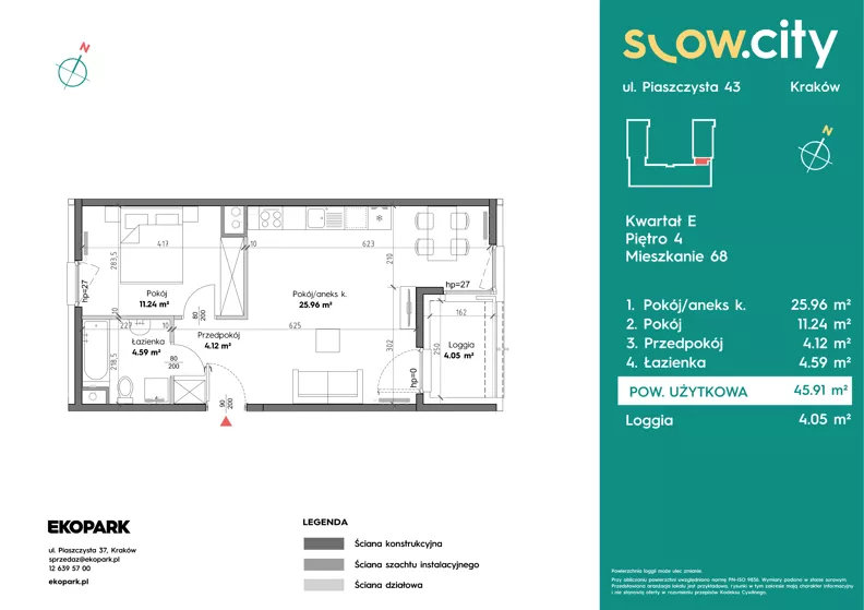 2 pokoje, mieszkanie 45,91 m², piętro 4, oferta nr E-68, Slow City - Etap E, Kraków, Prądnik Biały, ul. Piaszczysta 43