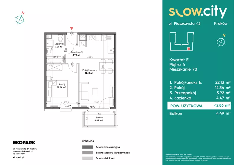 2 pokoje, mieszkanie 42,86 m², piętro 4, oferta nr E-70, Slow City - Etap E, Kraków, Prądnik Biały, ul. Piaszczysta 43