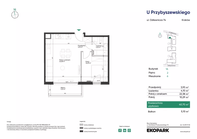 2 pokoje, mieszkanie 40,70 m², piętro 2, oferta nr 1A_M6, U Przybyszewskiego IV, Kraków, Krowodrza, ul. Przybyszewskiego