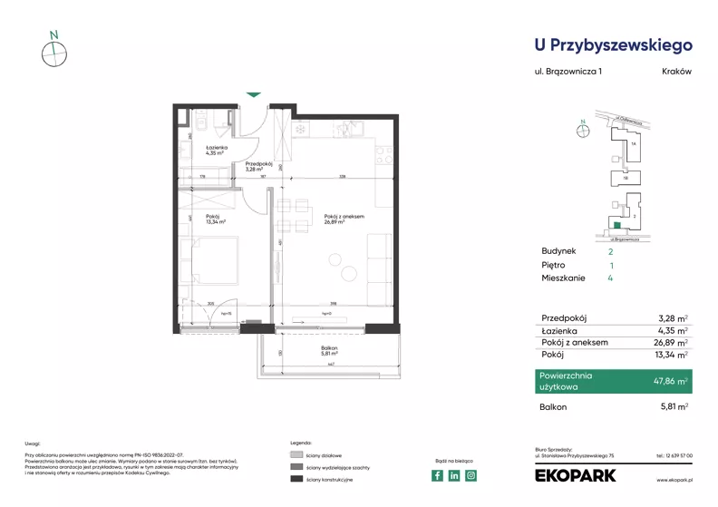 2 pokoje, mieszkanie 47,86 m², piętro 1, oferta nr 2_M4, U Przybyszewskiego IV, Kraków, Krowodrza, ul. Przybyszewskiego