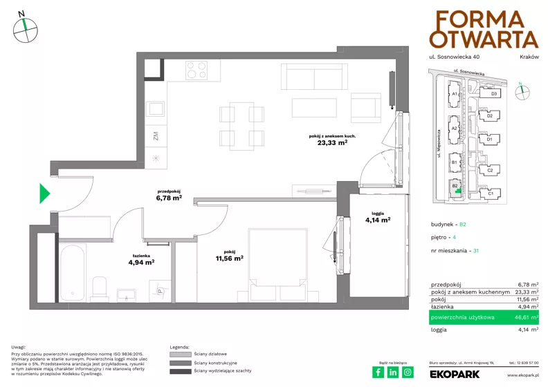 2 pokoje, mieszkanie 46,61 m², piętro 4, oferta nr B2-31, Forma Otwarta - Etap B, Kraków, Bronowice, Bronowice Wielkie, ul. Sosnowiecka 38 - 40