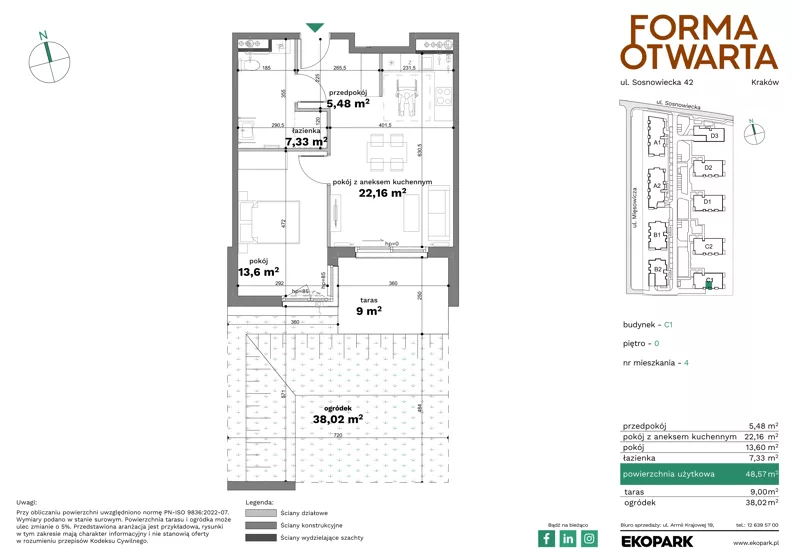 2 pokoje, mieszkanie 48,57 m², parter, oferta nr C1-4, Forma Otwarta - Etap C, Kraków, Bronowice, Bronowice Wielkie, ul. Sosnowiecka