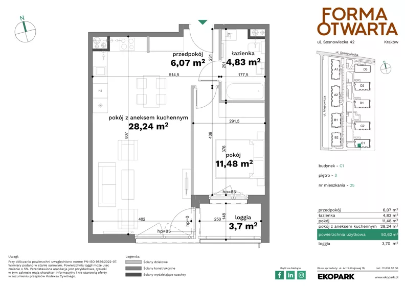 2 pokoje, mieszkanie 50,62 m², piętro 3, oferta nr C1-25, Forma Otwarta - Etap C, Kraków, Bronowice, Bronowice Wielkie, ul. Sosnowiecka