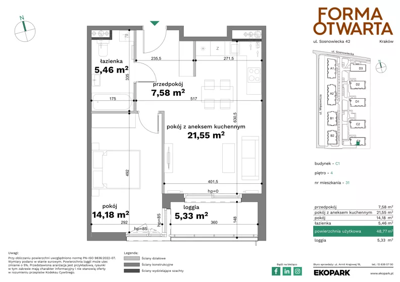 2 pokoje, mieszkanie 48,77 m², piętro 4, oferta nr C1-31, Forma Otwarta - Etap C, Kraków, Bronowice, Bronowice Wielkie, ul. Sosnowiecka