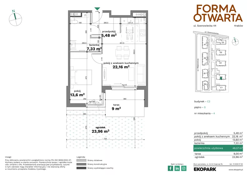 2 pokoje, mieszkanie 48,57 m², parter, oferta nr C2-4, Forma Otwarta - Etap C, Kraków, Bronowice, Bronowice Wielkie, ul. Sosnowiecka